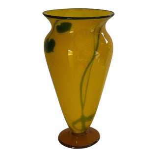 Rick Strini Signed 2004 Hand-Blown Art Glass Vase 11.25" Yellow, Amber & Green Botanical Design For Sale