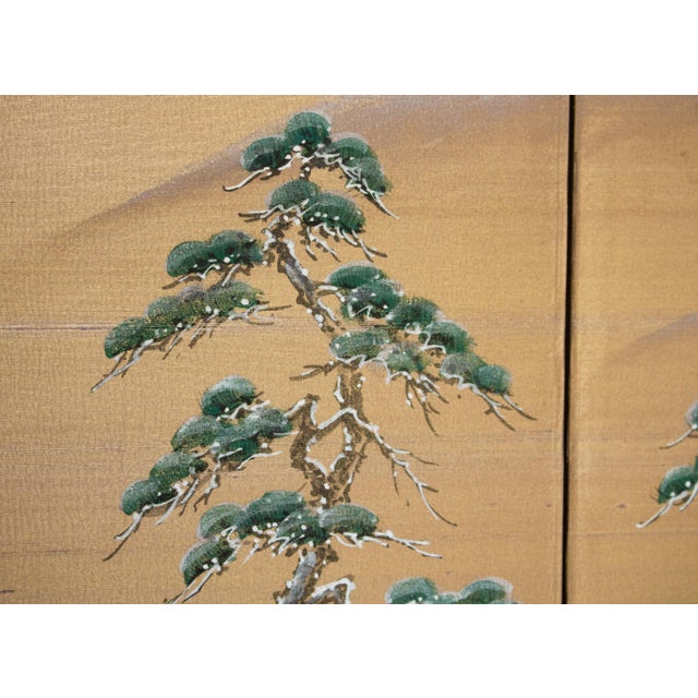 Wood 1960s Shōwa Era Japanese Silk Byobu Screen "Mountain Landscape With Pine Trees" For Sale - Image 7 of 18