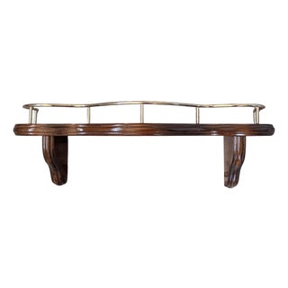 Vintage Wooden Wall Shelf With Brass Railing For Sale