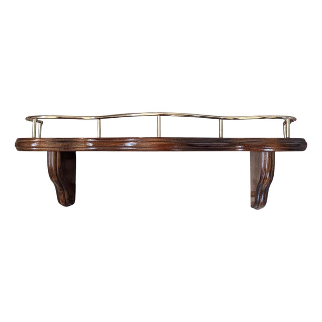 Vintage Wooden Wall Shelf With Brass Railing For Sale