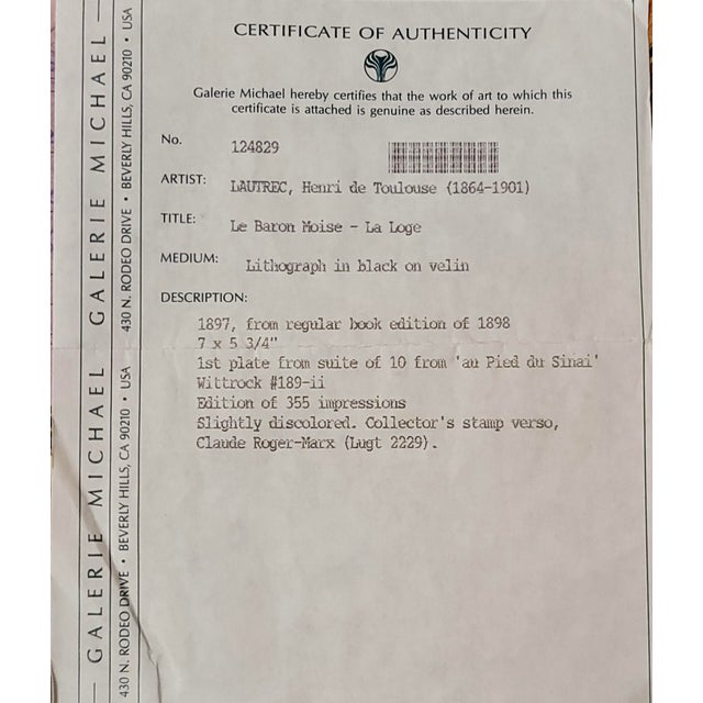 Printmaking Materials Toulouse-Lautrec "Le Baron Moise - La Loge" -Vintage Lithograph For Sale - Image 7 of 9