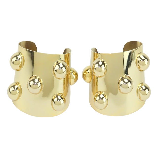 Pair Napier Gold Tone Metal Knob Cuff Bracelets, 1960's For Sale