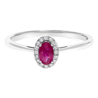 10K White Gold 5X3MM Oval Red Ruby and Diamond Accent Halo Ring (I-J Color, I1-I2 Clarity) - Ring Size 7.5 For Sale