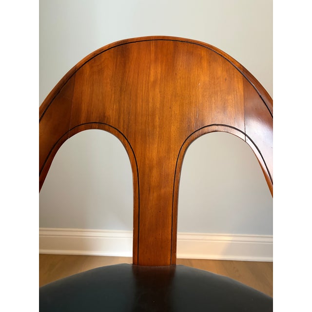Brass Rare Pair of Mid-Century Michael Taylor for Baker Mahogany Spoonback Slipper Chairs – All Original Black Leather & Brass Tacks For Sale - Image 8 of 14
