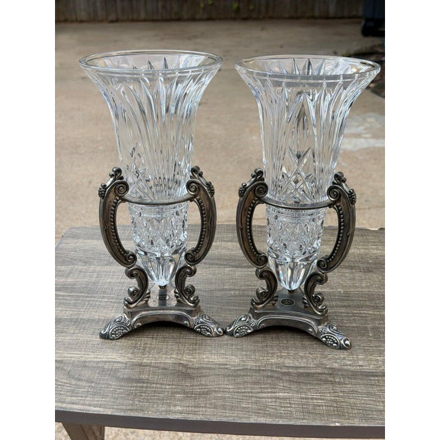 Vintage Godinger Cut Crystal Urn Vases Silverplate Ornate Stands Pair 11" For Sale - Image 9 of 10