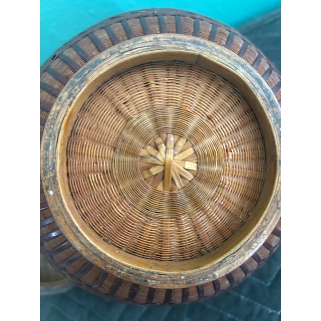 Antique Chinese Handwoven Bamboo Lidded Jar With Floral Decoration, Early 20th Century For Sale - Image 9 of 9