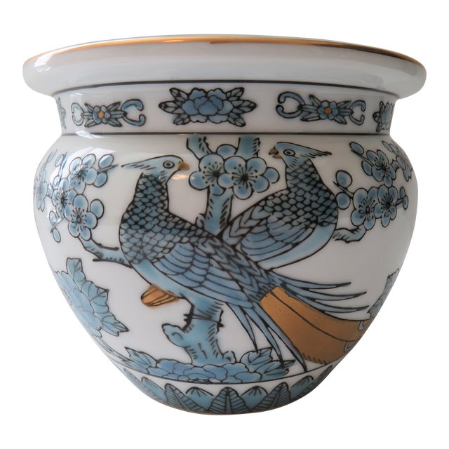 1970s HandPainted Gold Imari Japanese Blue and Gold Peacock Bowl