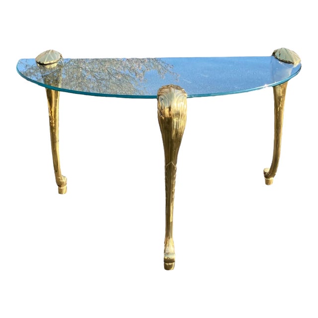 1960s P. E. Guerin Style Brass Glass Half-Moon Console Table For Sale