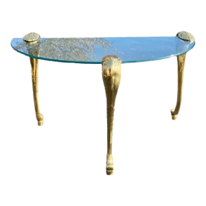 1960s P. E. Guerin Style Brass Glass Half-Moon Console Table