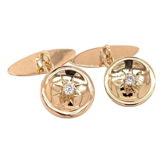 Diamond 14k Yellow Gold Cufflinks Certified, Pair For Sale
