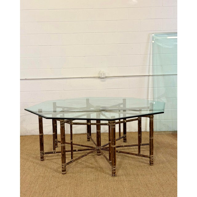 1990s McGuire California Modern Octagonal Bamboo Rattan and Glass Dining Table For Sale - Image 5 of 12