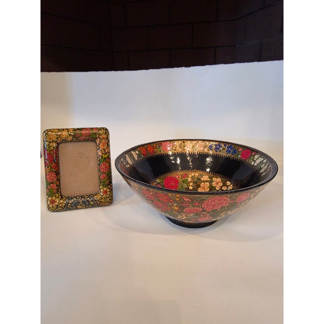 Large Kashmiri Laquerware Papier Mache Bowl and Picture Frame For Sale - Image 10 of 12