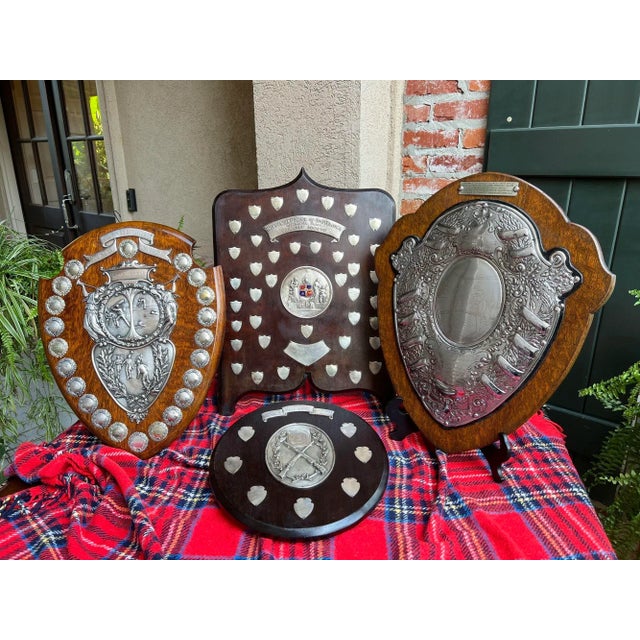 Antique English Dart Game Trophy Award Shield Oak Plaque Silver Plate C1909 For Sale - Image 12 of 12