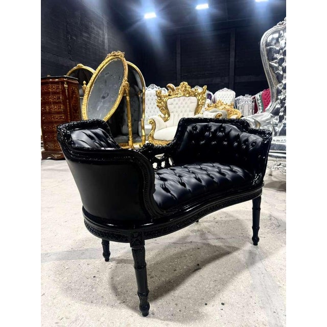 Rococo Rococo Tufted Black Leather Bench For Sale - Image 3 of 7