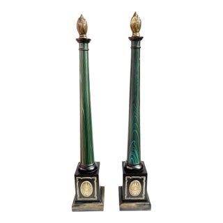 Pair Malachite Painted & Brass Flame Tipped Obelisks For Sale