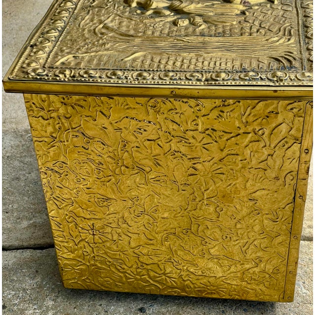 Wood Mid 20th Century Pressed Embossed Brass Firewood Coal Kindling Box Fireside Tavern Scene For Sale - Image 7 of 12
