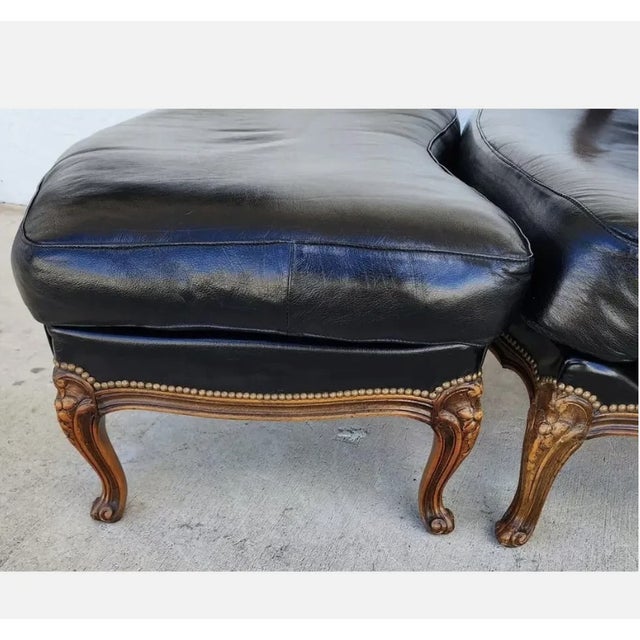 Black Chateau Dax French Provincial Black Top Grain Leather Lounge Chair & Ottoman For Sale - Image 8 of 10