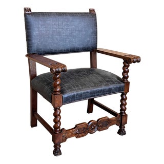 19th Spanish Carved Walnut Armchair with New Black Leather and Solomonic Columns For Sale