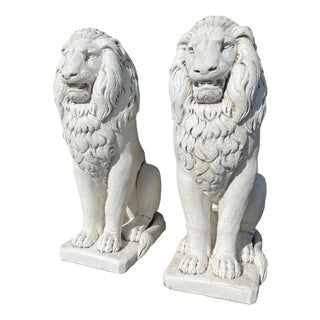 Classical Seated Lion Garden Statues in White Cast Stone, Set of 2 For Sale