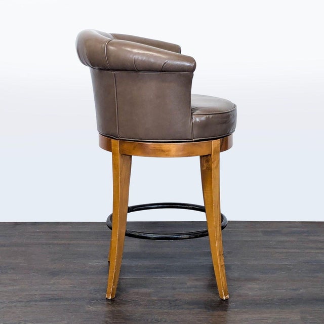 Brown Leather Swivel Bar Stool With Wooden Legs and Footrest For Sale - Image 4 of 7