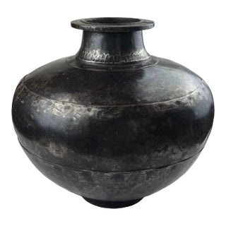 Polished Vintage Indian Metal Vase or Pot With Weathered Patina For Sale