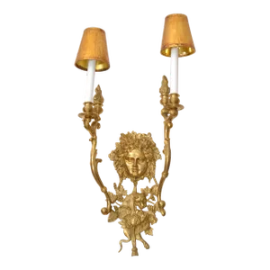 Italian Bronze 2 Arm Sconce Bacchus Face Grapes Panther Flame Torch Gilt Shades