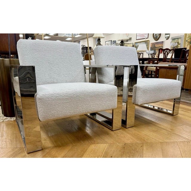 Pair of Matching Berhardt Furniture Milo Baughman Rl Style Cantilever Chome Lounge Chairs For Sale In New York - Image 6 of 9