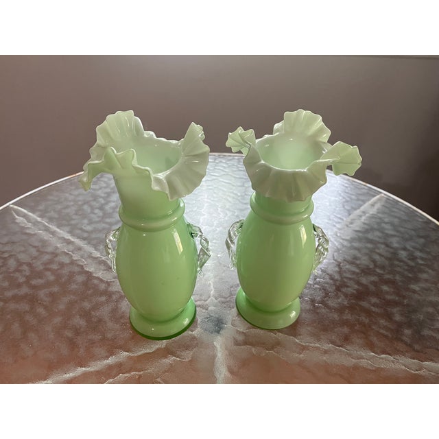Rare pair of vintage Fenton mint green ruffled vases. Very unique color probably the late 20th century.