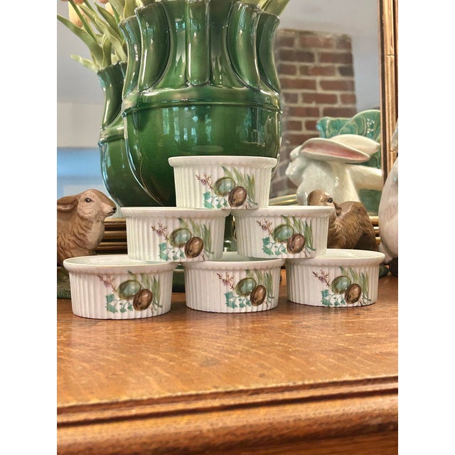 Charming and uncommon, this set of six vintage Haviland Limoges ramekins features hand-painted woodland bird nests with...