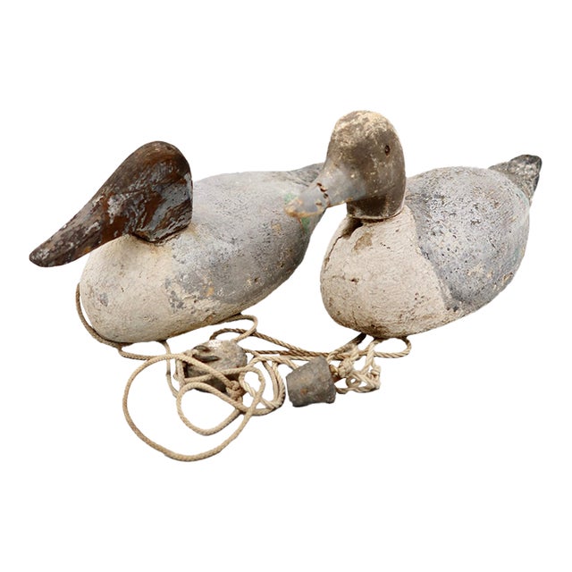 Vintage Folk Art Wooden Working Duck Decoys With Anchor Weights - Pair For Sale