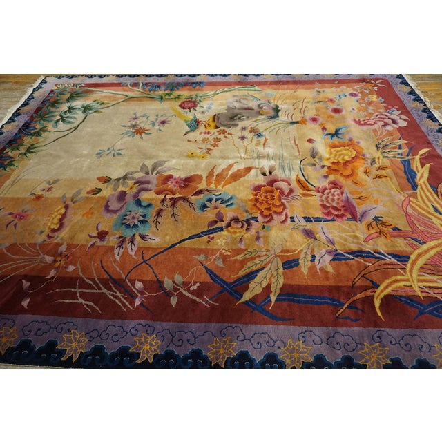 1920s Ivory Scenic Floral Antique Chinese Art Deco Rug 8'10" X 11'6" Handknotted Wool Carpet For Sale In New York - Image 6 of 18