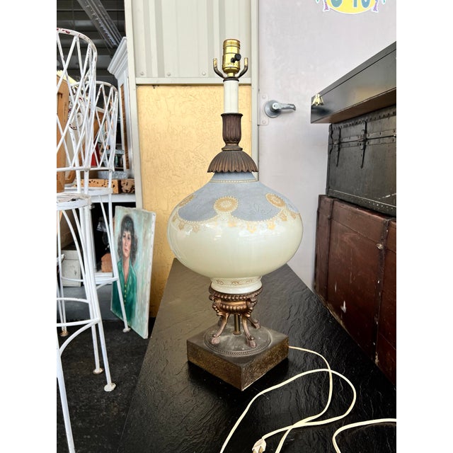 Mid 20th Century Vintage Hollywood Regency Mid Century Table Lamp - Brass, Blue Milk Glass, Gold Stenciled For Sale - Image 5 of 9