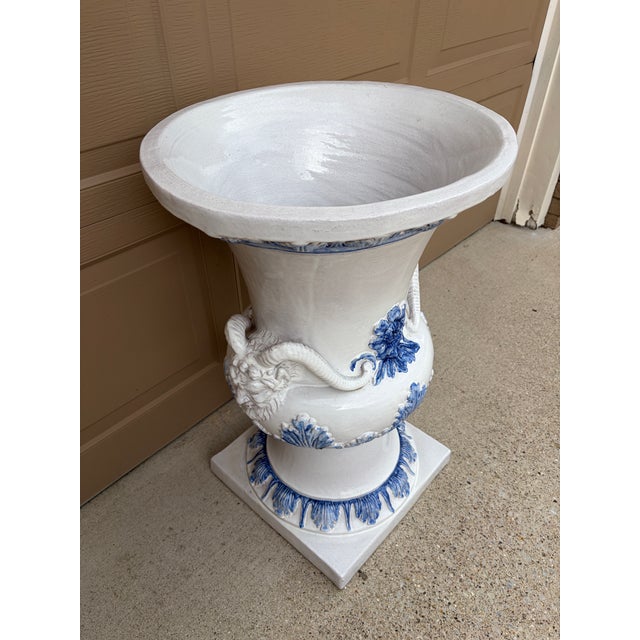 Monumental Blue & White Majolica Grecian Urn With Jupiter Ammon Motifs For Sale In South Bend - Image 6 of 17