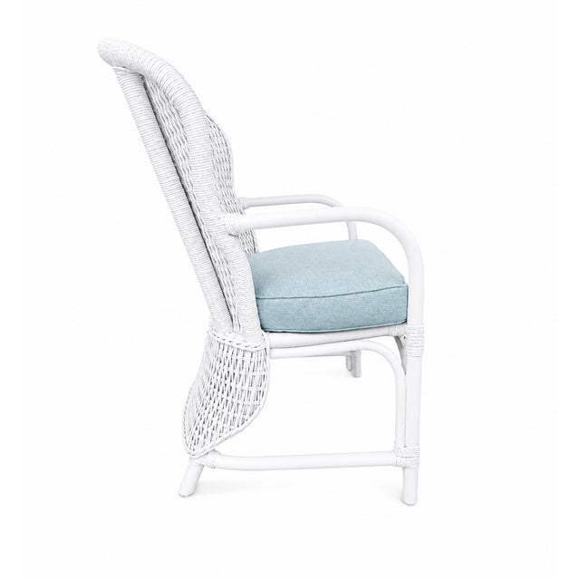 Lacquered Rattan Fan Back Chairs Blue Cushions For Sale - Image 4 of 7