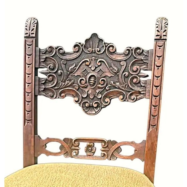 Mustard Baker Furniture Attributed 1920s Antique Carved Walnut Renaissance Revival Dining Chairs With New Kravet Seat Upholstery - Set of 4 For Sale - Image 8 of 8