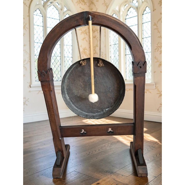 Antique Gothic Revival Oak Freestanding Dinner Gong in Silvered Brass, 1800s For Sale - Image 6 of 13
