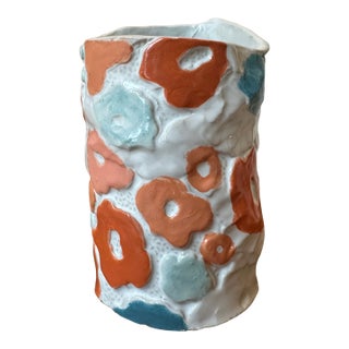 Vintage Handmade & Signed Brutalist Ceramic Vase With Postmodern Pop Art Designs For Sale