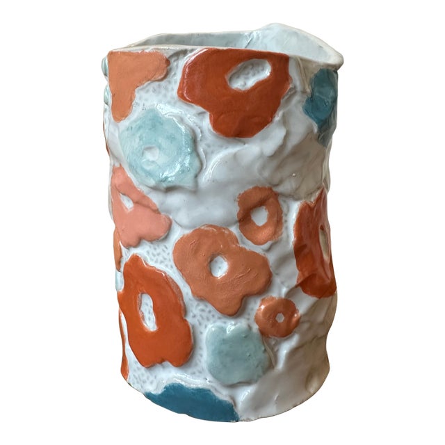 Vintage Handmade & Signed Brutalist Ceramic Vase With Postmodern Pop Art Designs For Sale