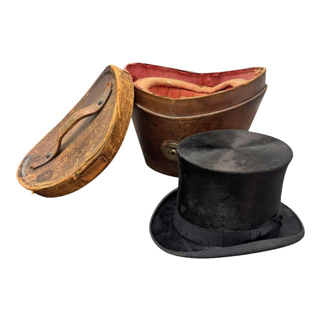 19th Century Top Hat and Leather Hat Box For Sale