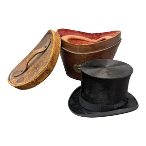 19th Century Top Hat and Leather Hat Box