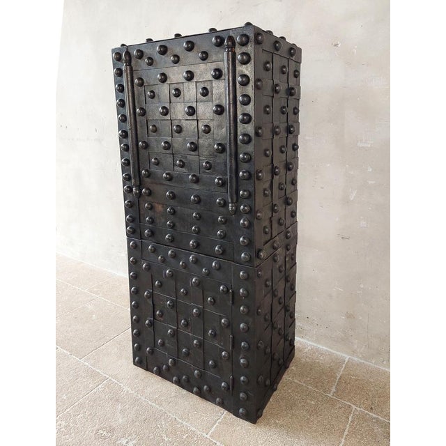 Antique French Wrought Iron Over Wood Hobnail Safe For Sale - Image 6 of 16