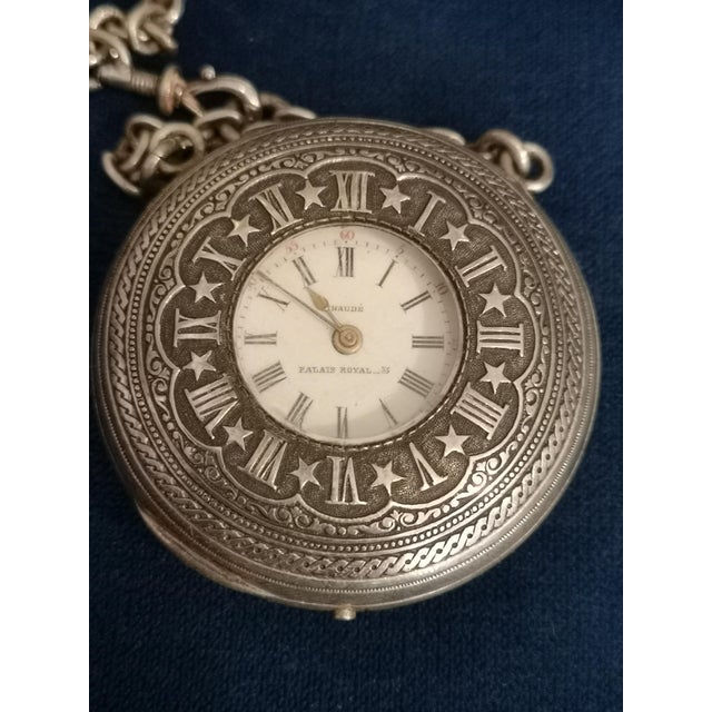 French Sterling Silver Pocket Watch with Chain For Sale - Image 17 of 18