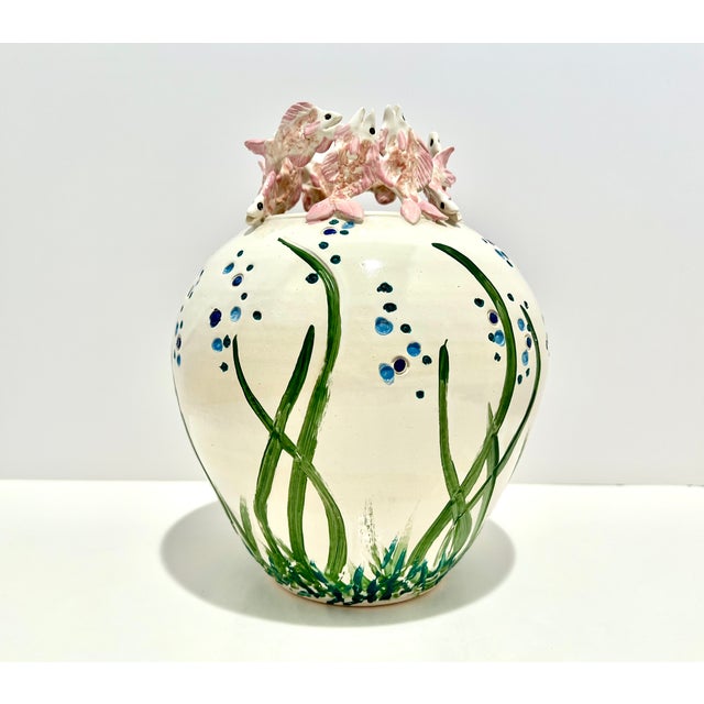Sue Mattox Signed Art Pottery Vase Koi Fish Rim Sculptural Coastal Vessel For Sale - Image 13 of 13
