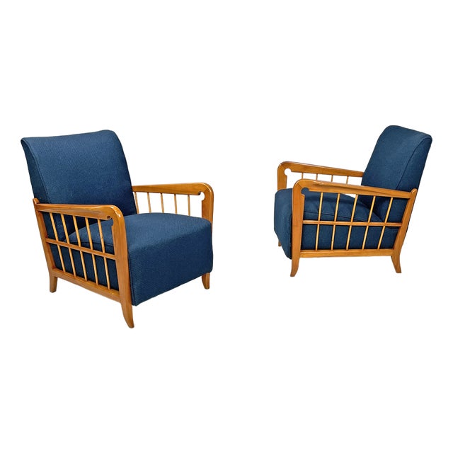 Set of Italian Art Deco Wooden Armchairs in Blue Fabric, 1940s For Sale
