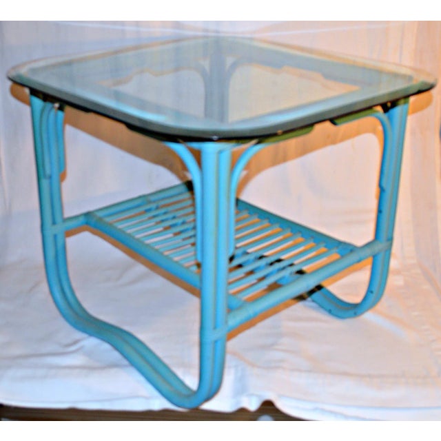 Wood Turquoise Rattan Side Table With Glass Top For Sale - Image 7 of 7