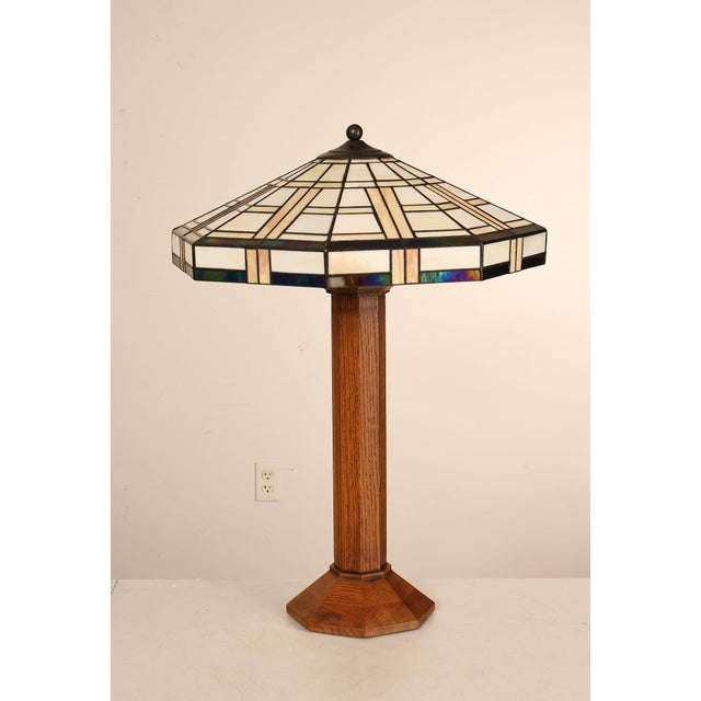 High Quality Stickley Mission Collection Table Lamp Featuring A Solid Wood Base With Octagonal Form And A Geometric Leaded...