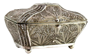 Silver Filigree Box with Reliefs and Monogram Plaque Lid