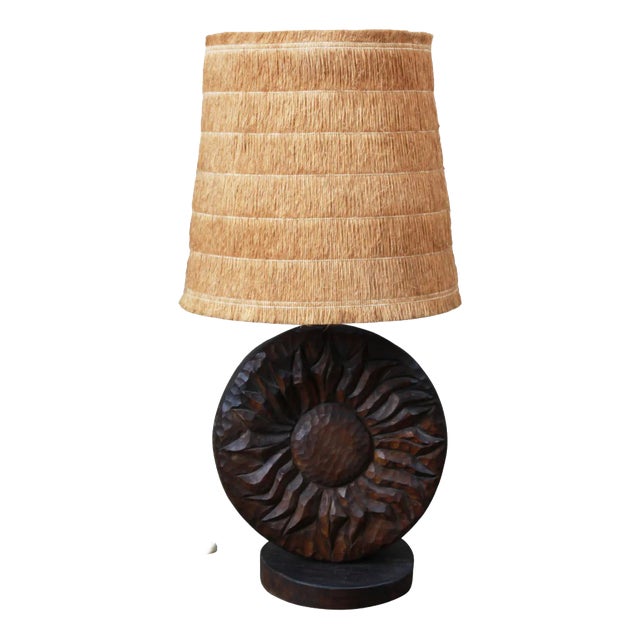 Vintage Brutalist Table Lamp in Wood and Raffia by Delsinne, 1960s For Sale