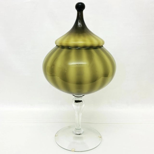 Vintage striped olive-green/yellow-green Cased Glass Apothecary Mid Century. This exquisite piece has a transparent...