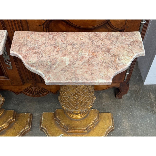 Pair of Carved Giltwood Pineapple Consoles With Marble Tops For Sale - Image 11 of 16